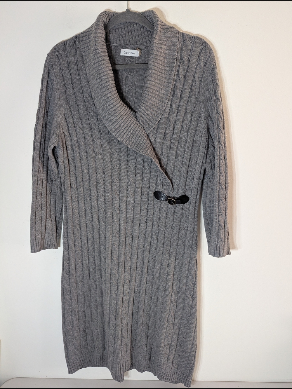 Calvin Klein Women’s L Gray Cable Knit Long Sweater Dress Shawl Collar - Picture 2 of 7